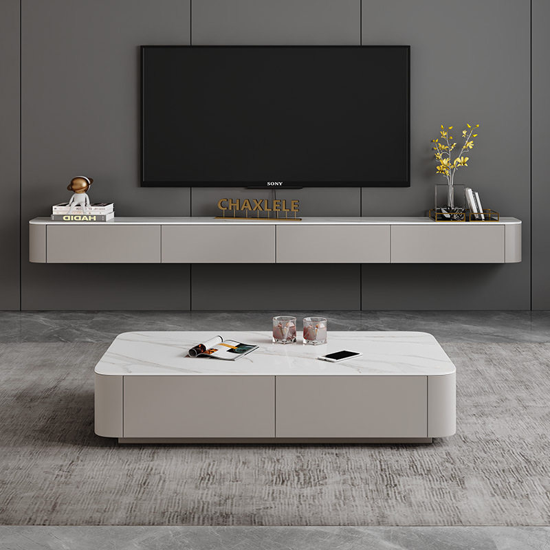 壁挂式实木岩板悬空电视柜茶几组合现代简约小户型客厅悬浮挂墙柜