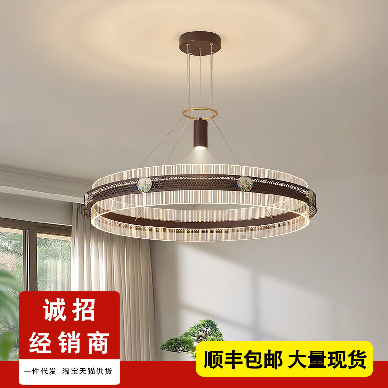 新中式客厅餐厅吊灯圆形2025年新款设计师款别墅复式楼梯圈圈灯