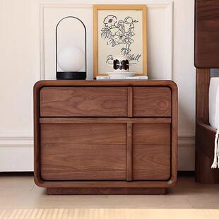 北美黑胡桃木全实木床头柜卧室樱桃木落地骨格线多功能储物床头柜