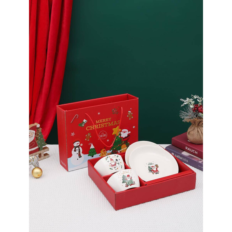 圣诞节小礼物陶瓷碗盘餐具套装圣诞树装饰摆件圣诞老人创意礼品盒