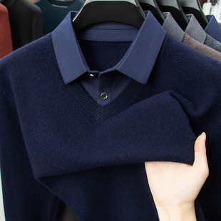 LUXURY PIG羊毛假两件羊毛衫男士厚款秋冬季衬衫领毛衣RR-MY6092