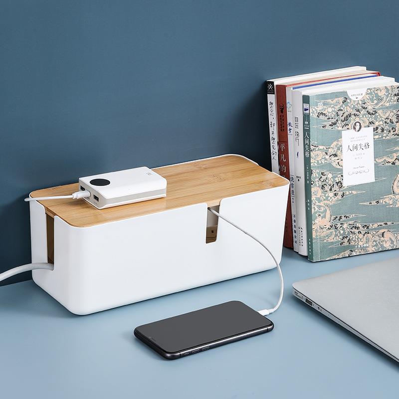 竹制盖子塑料电线收纳盒 电源插板电线盒集线盒插座 电源线防触电