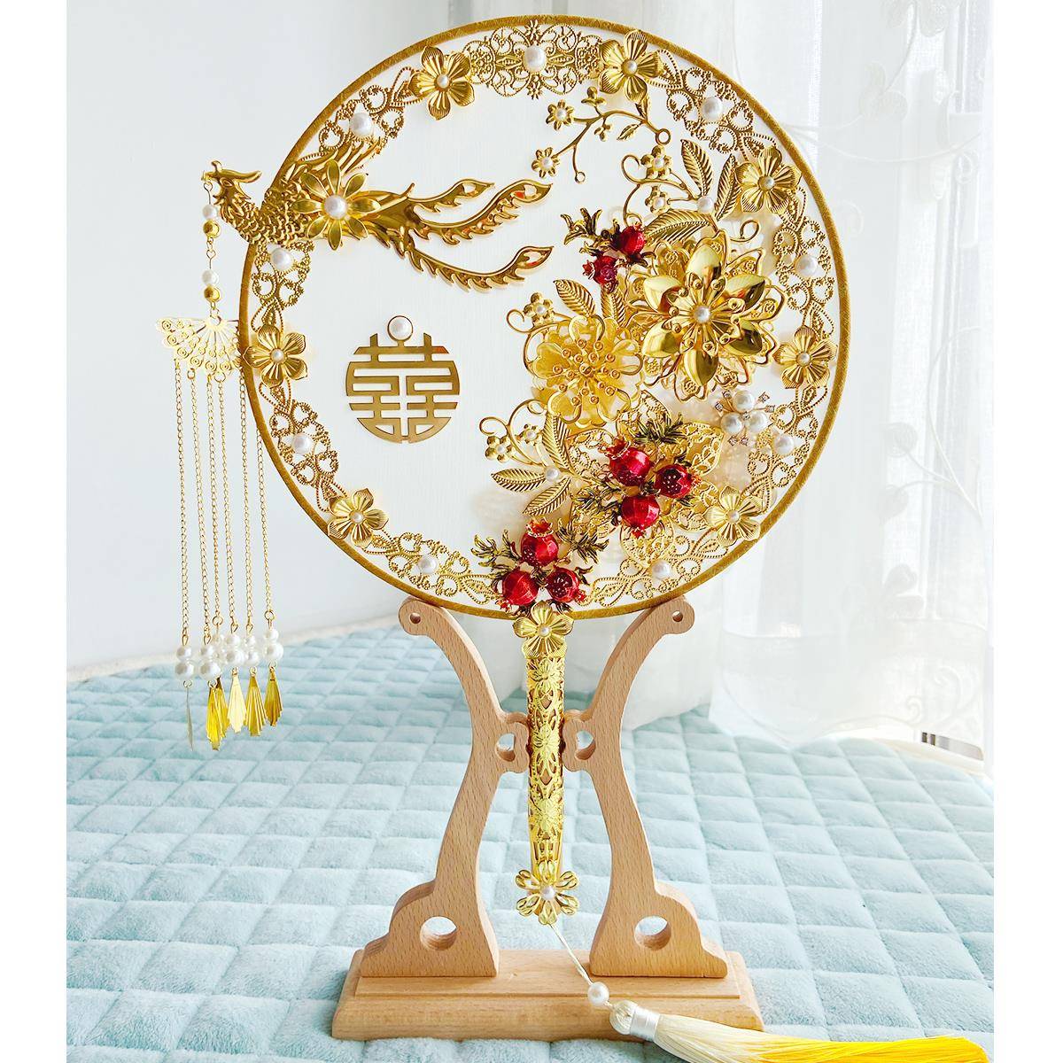 娘秀中式料婚礼扇包风结I扇禾婚服扇团子手新捧花扇D74707Y材古成