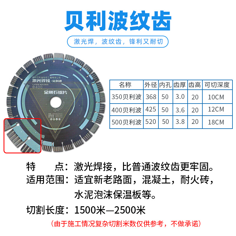 贝利波金刚石马路切割片400激光焊接钢筋混凝土鹅卵石沥青路锯片