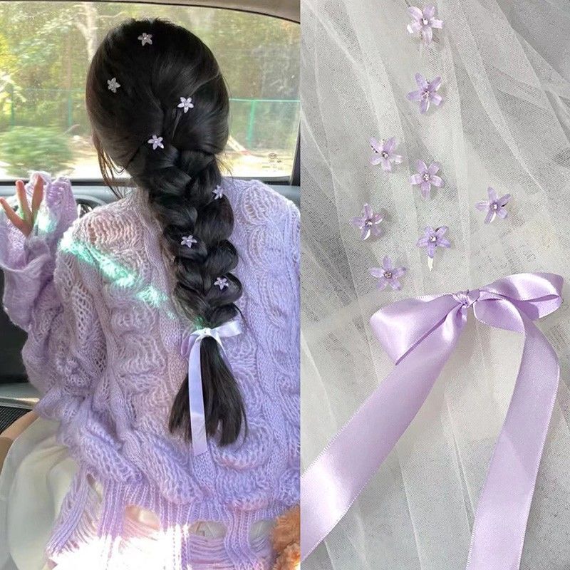 蝴蝶结头花发卡子唯美温柔紫色小花发夹头饰女编发点缀花朵发饰