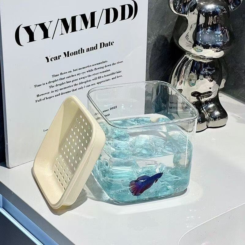 生态小鱼缸加厚泰国斗鱼盒式带漏盖桌面透明鱼缸水族创意造景箱