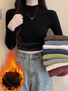 黑色半高领毛衣女秋冬季加绒加厚一体绒内搭打底衫中领保暖上衣