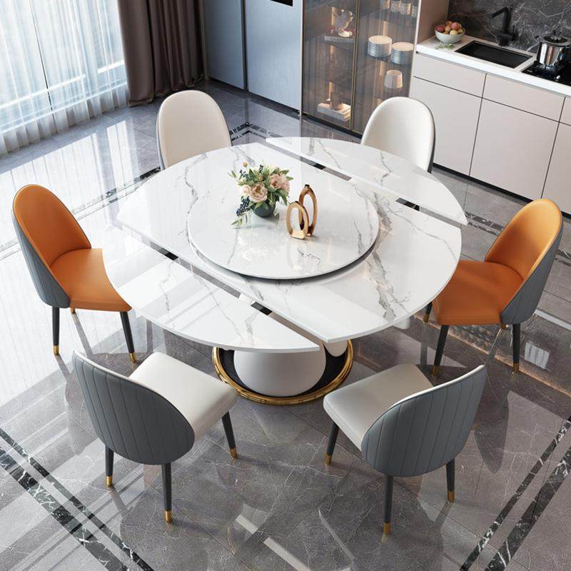 旋转极简轻奢岩板餐桌椅组合现代简约小户型家用圆形可伸缩圆饭桌