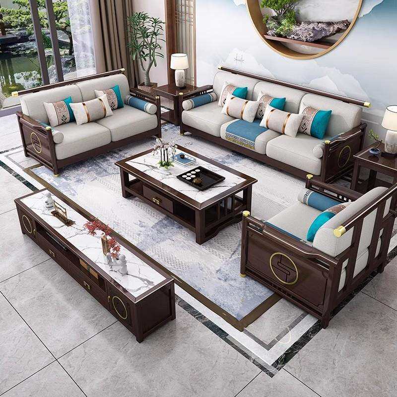 新中式轻奢全实木沙发组合现代中式客厅木加布转角贵妃沙r*