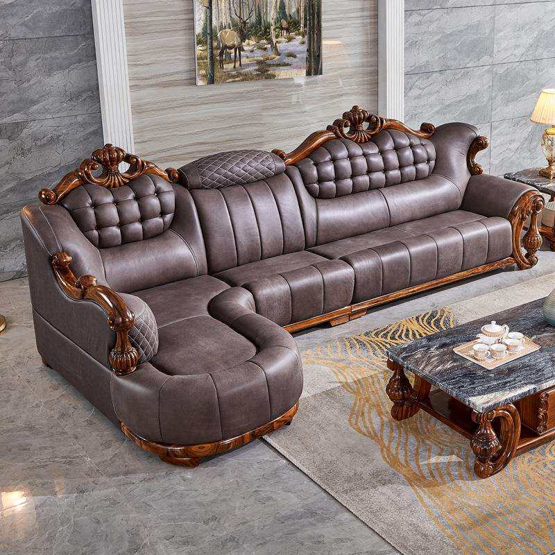 高端乌金木实木真皮7形转角沙发新式平层客厅原木L型贵妃沙发组合