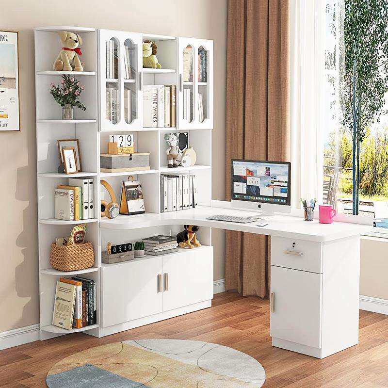 实木转角书桌书架组合电脑台式写字桌书柜家用儿童卧室拐角学习桌