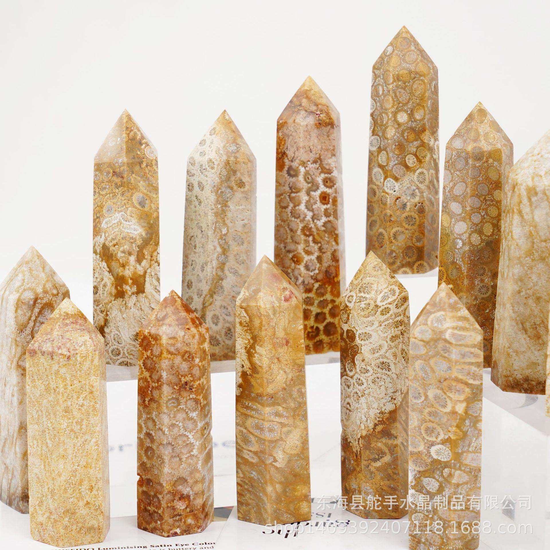 天然水晶珊瑚玉原石六棱柱摆件单尖水晶柱子家居客厅办公桌面摆设