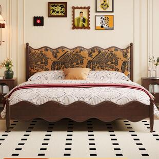 中古风实木床法式复古涟漪床1.8m双人床2024新款中古床婚床主卧床