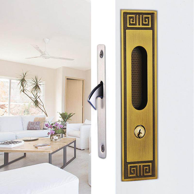 新中式仿古移门锁厨房门推拉门锁黄古铜卫生间阳台隐形拉手木门锁