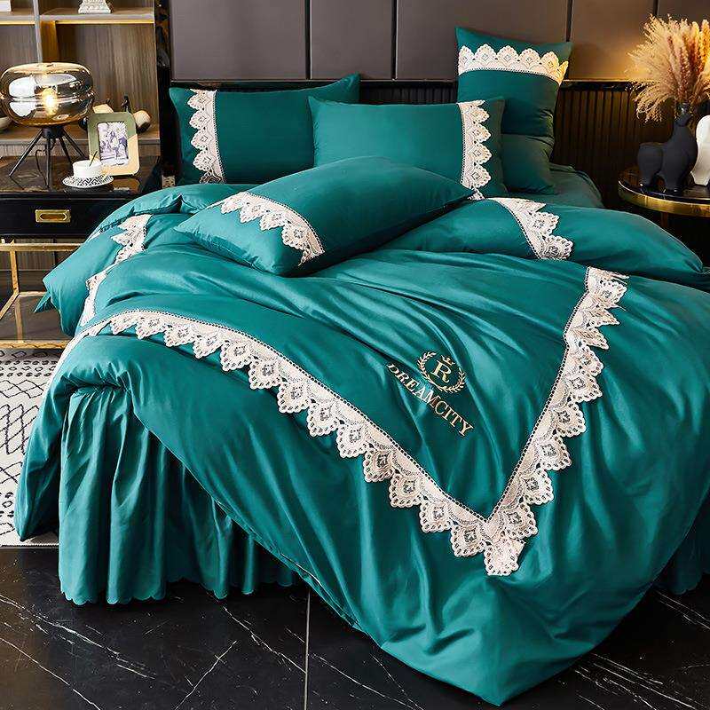韩式纯色亲肤磨毛刺绣花床裙四件套少女蕾丝床罩被套床品