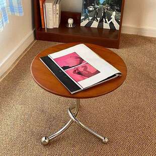 中古沙发边几三角金属架支撑实木桌面会客厅茶桌圆形阳台小茶几