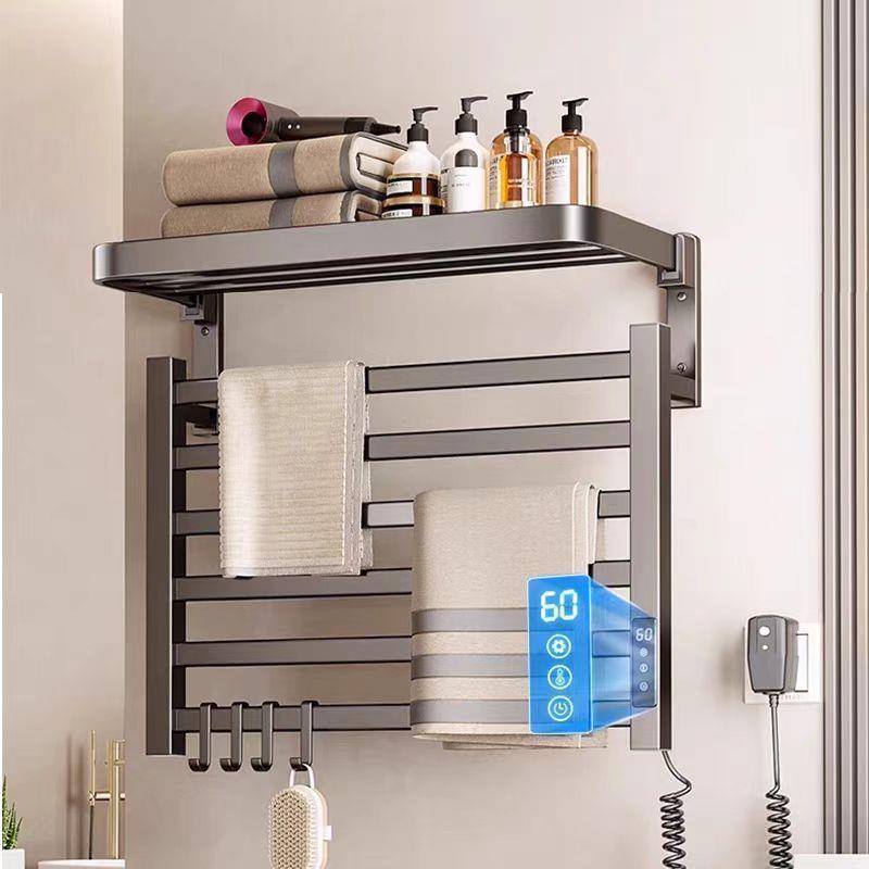 智能电热毛巾架浴室电动免打孔加热家用置物太空铝浴巾架折叠