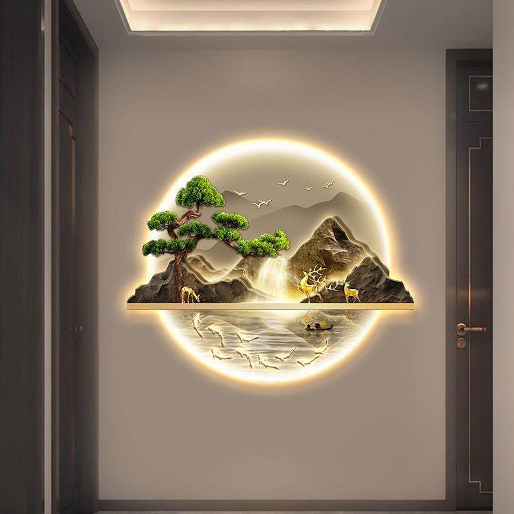 新中式入户玄关装饰画流水生财山水画带灯走廊过道挂画迎客松壁画