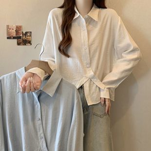 法式 新款 条纹长袖 女2025秋季 衬衣胖mm显瘦不规则下摆上衣 衬衫 大码