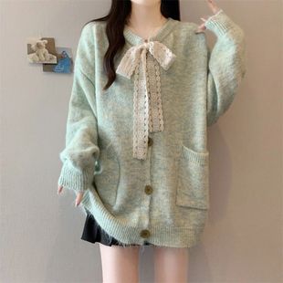 小香风蕾丝系带单排扣外套女秋冬大码 胖妹妹慵懒风宽松软糯针织衫