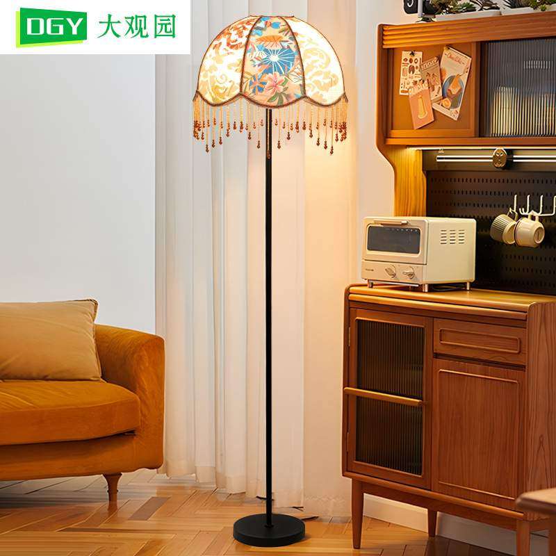 卧室床头落地灯法美式中复古客厅沙发旁印花布艺装饰氛围灯具194L