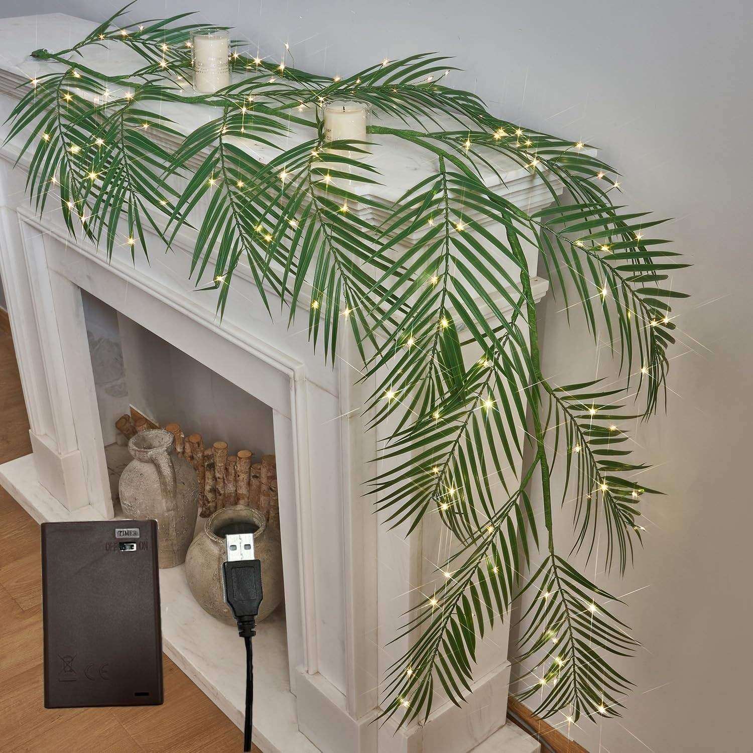 跨境室内布置氛围装饰灯绿色家居树灯仿真植物棕榈叶藤条铜丝灯