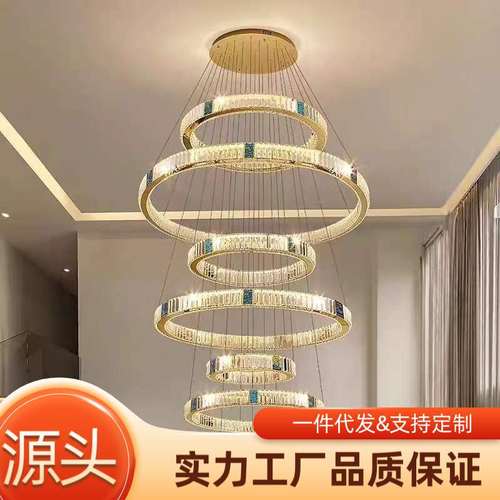 复式楼客厅大吊灯楼中楼现代简约贝壳灯2024年新款水晶复式楼梯灯