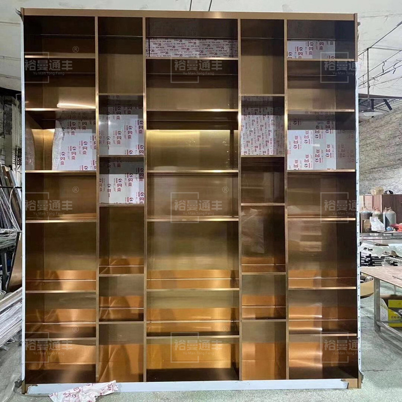 定制带灯金属酒柜背景墙钢板柜层板书架装饰柜嵌入式壁龛不锈钢电