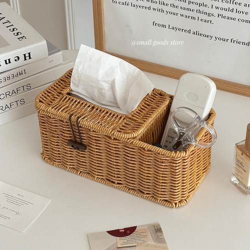 ins覆古风卫生纸盒家用客厅茶几彷藤纸巾盒遥控器剪刀多功能收纳