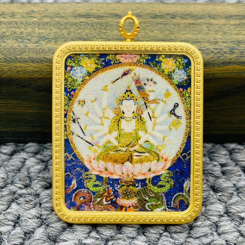 正品洒金手绘准提佛母唐卡佛牌护身符吊坠牌铜镀金噶乌盒车挂饰品