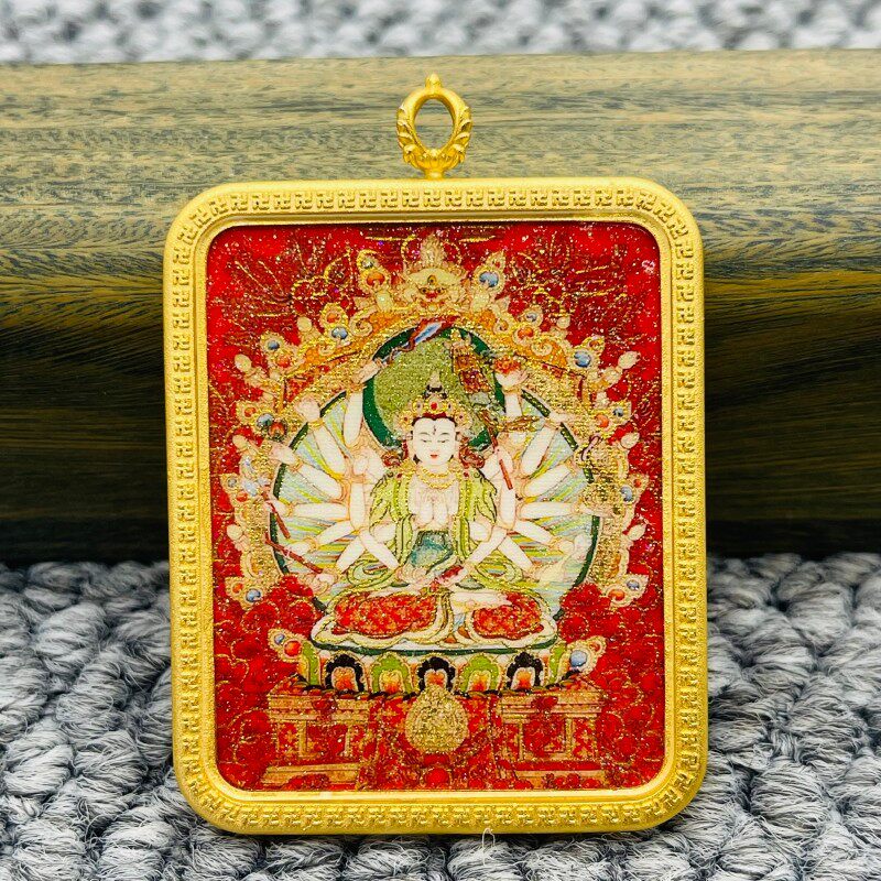 正品洒金手绘准提佛母唐卡佛牌护身符吊坠牌铜镀金噶乌盒车挂饰品