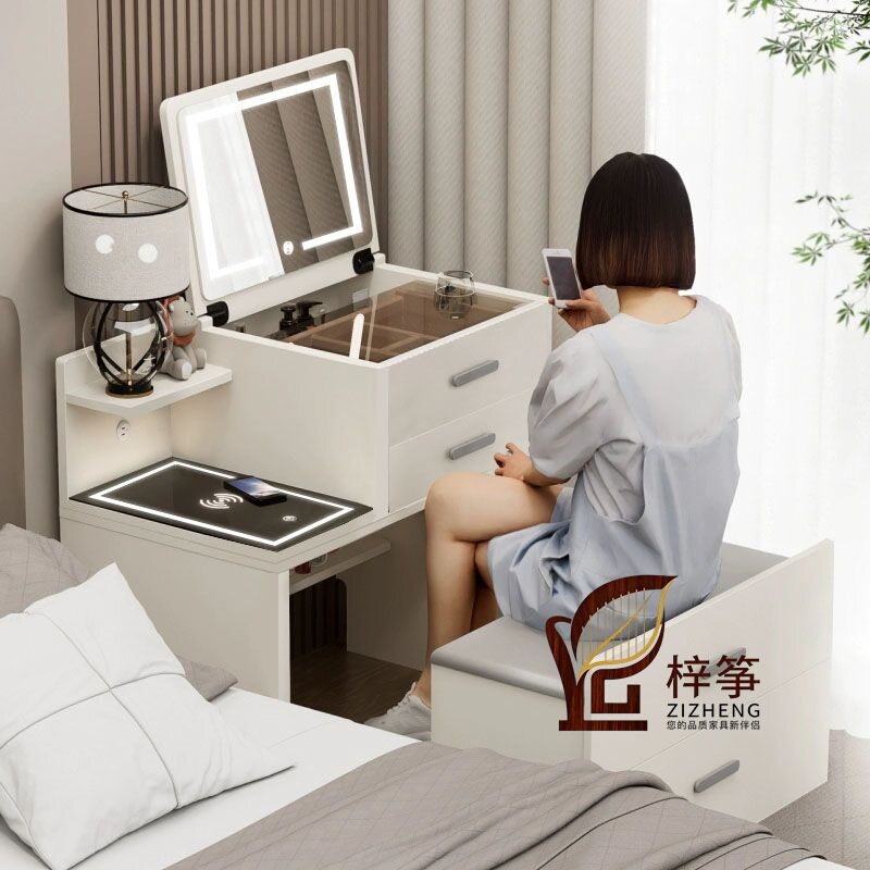 实木梳妆台床头柜一体小户型迷你翻盖组合2024现代简约带锁化妆桌