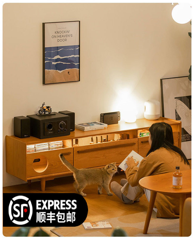 北欧实木电视柜家用客厅小户型带灯收纳视听柜公寓带猫窝储物柜