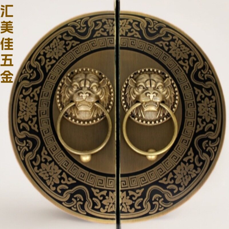 套装中式仿古圆形大门拉手黄铜兽头门环复古刻花铺首实木门栓锁