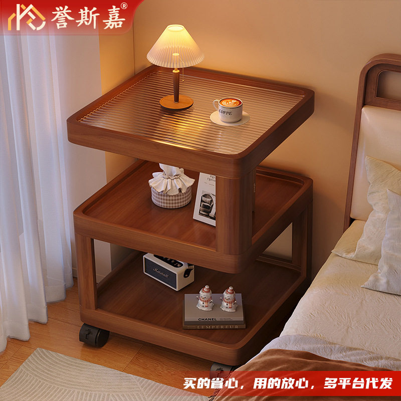 可移动床头柜置物架卧室小型多用开放式床边创意中古风木质小桌子