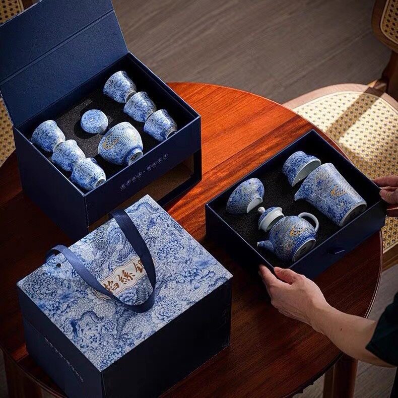 珐瑯彩掐丝银龙腾盛世茶具套组 陶瓷茶具整套中式宫廷礼品泡茶