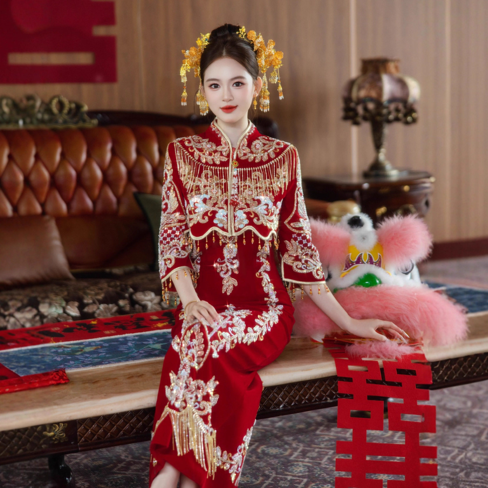 2026新娘新中式婚服重工出阁服V领敬酒服秀和丝绒敬酒出阁