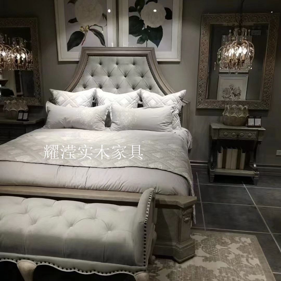 美式建筑复兴卧室实木复古拉扣婚床法式雕花做旧双人床家具