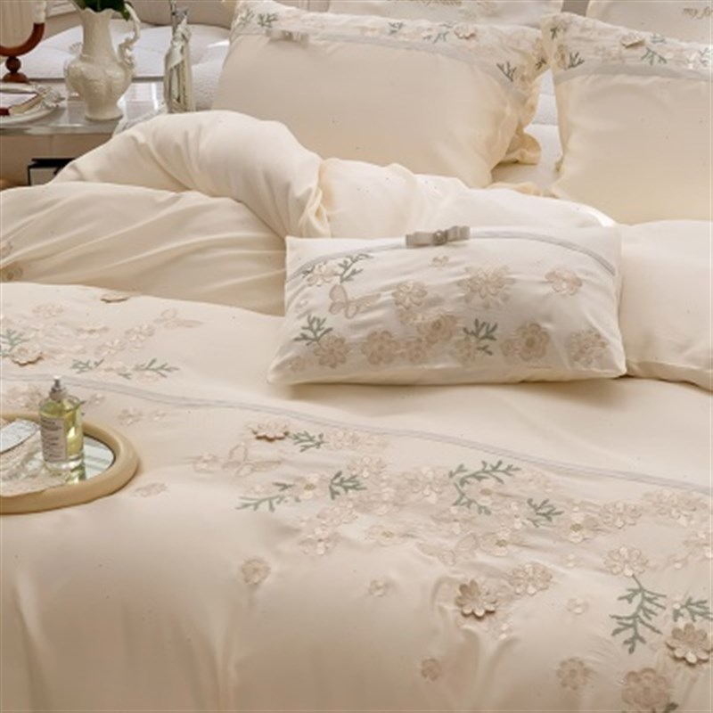 法式少女80S双面天o丝凉感四件套春夏季立体花刺绣被套床上用品1.