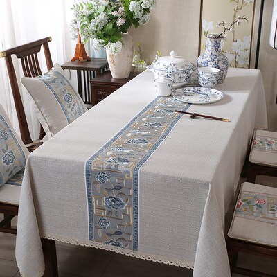 新中式高端棉麻风亚麻桌布轻奢高级感刺绣茶几餐桌台U布2025新款