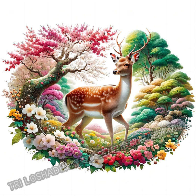 花丛麋鹿自粘风景贴画墙面门窗房间装饰梅花鹿福禄双全防水贴花纸