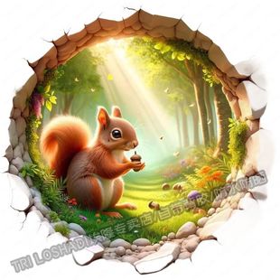 森林可爱小松鼠大丰自粘贴纸3d效果墙上门窗贴纸冰箱厨房马桶贴纸