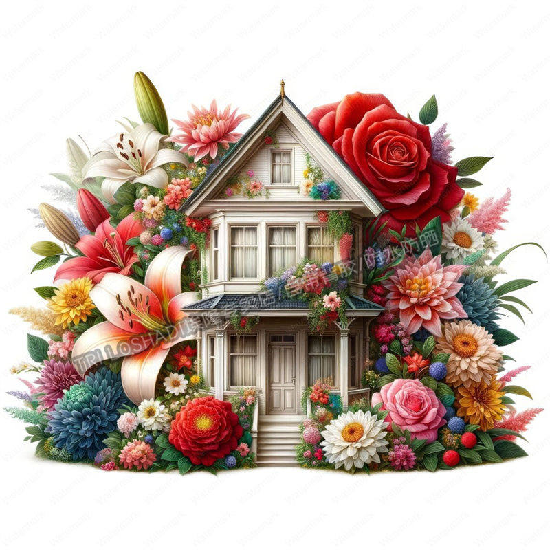 多彩鲜花小屋治愈美景贴纸墙上门窗遮丑自粘贴画卫生间冰箱自粘贴