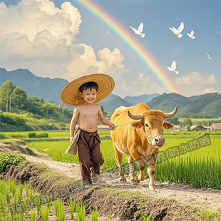 田园风情小男孩放牛贴纸童年的回忆海报贴画墙面门窗怀旧自粘贴画