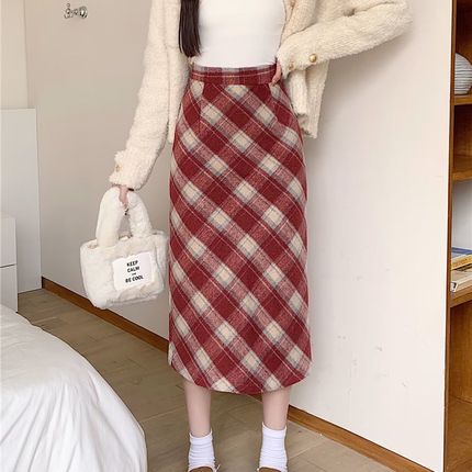 大码格子毛呢半身裙今年流行红色中D长裙女秋冬胖MM松紧腰包臂长