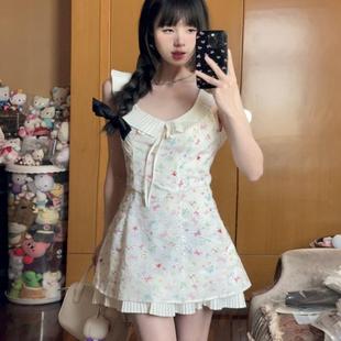 背心连衣裙女系带露背夏季 碎花娃娃领无袖 甜美温柔收腰a字短裙子