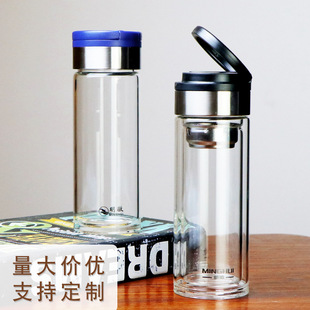 耐热透明商务水杯定 双层水晶玻璃杯便携提手泡茶杯子男士 制批发