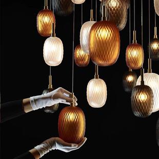 后现代彩色玻璃别墅售楼部大厅吧台小吊灯楼梯间多头组合长线吊灯