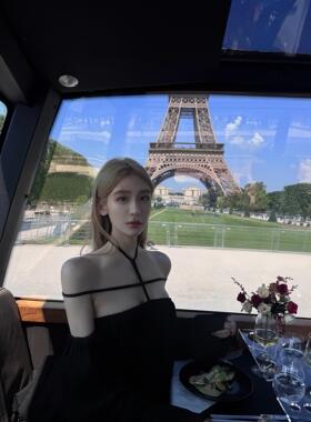 CiCi一字肩连衣裙女轻奢名媛高级感生日礼服重工褶皱网纱挂脖短裙