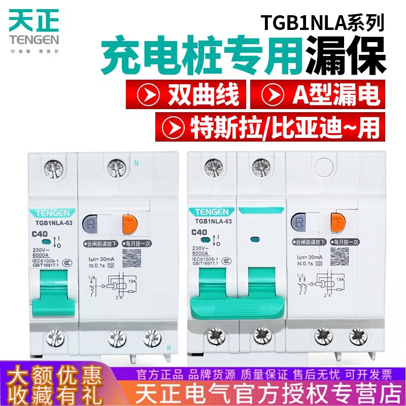 TENGEN天正TGB1NLA-63 1P+N 2P 40A型充电桩用漏保漏电开关断路器图片